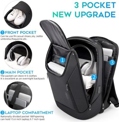 BANGE Mochila inteligente de negocios, impermeable, mochila para laptop de 15.6 pulgadas con puerto de carga USB, mochila duradera de viaje, Negro (tres bolsillos), L, Moda - 94 USD - Image 3