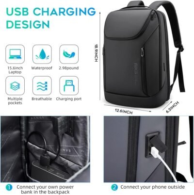 BANGE Mochila inteligente de negocios, impermeable, mochila para laptop de 15.6 pulgadas con puerto de carga USB, mochila duradera de viaje, Negro (tres bolsillos), L, Moda - 94 USD - Image 6